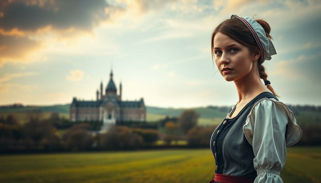 A serene Dutch countryside landscape, with a young woman in the foreground dressed in traditional Dutch attire, her expression conveying both a sense of duty and a yearning for personal freedom. The middle ground features a stately palace, its grand architecture symbolizing the weight of royal obligations. In the background, rolling hills and a vibrant, golden-hued sky create a dreamlike, contemplative atmosphere. Soft, diffused lighting casts a warm, introspective glow over the scene, emphasizing the tension between the woman's public role and private desires. The composition is balanced, with the palace and landscape elements framing the central figure, inviting the viewer to ponder the duality of her existence.