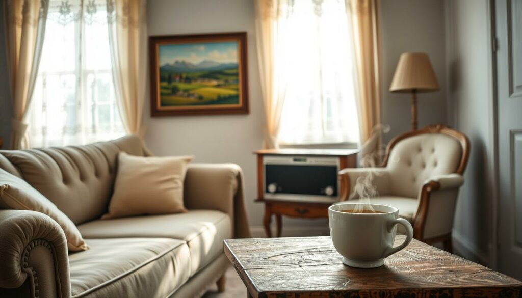 A serene Sunday morning in a cozy German living room. Soft natural light filters through lace curtains, illuminating a plush sofa and antique armchair. On the wall, a framed painting of a picturesque countryside scene. In the foreground, a retro radio emits the familiar melodies of "Immer wieder Sonntags," while a cup of steaming coffee sits on a weathered wooden side table. The atmosphere is one of tranquility and nostalgia, inviting the viewer to pause and immerse themselves in the simple pleasures of a traditional Sunday.