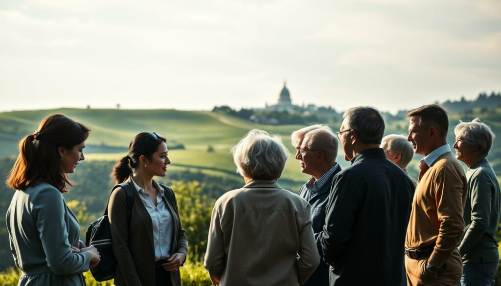 A serene and contemplative scene of demographic change and retirement. In the foreground, a group of diverse individuals, from young professionals to retirees, engaged in thoughtful discussions. The middle ground features a rolling landscape with lush greenery, symbolizing the transition between work and retirement. In the background, a striking architectural structure, perhaps a government building or retirement community, casts a subtle shadow, hinting at the policy debates surrounding the retirement age. The lighting is soft and diffused, creating a sense of tranquility and introspection. The overall composition conveys the complex interplay between societal shifts, individual aspirations, and the evolving nature of retirement.