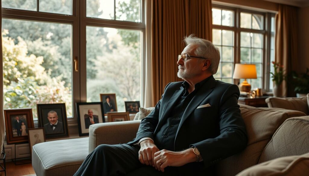 A serene, candid scene of Leonard Freier's personal life after his TV show journey. In the foreground, a stylishly dressed Freier sits comfortably on a plush sofa, gazing thoughtfully out a large window overlooking a lush, verdant garden. Warm, natural lighting filters through, casting a gentle glow. In the middle ground, framed photographs and mementos suggest a sense of contentment and reflection. The background depicts a cozy, tastefully furnished living space, hinting at Freier's private sanctuary away from the public eye. An atmosphere of tranquility and introspection pervades the scene, inviting the viewer to contemplate Freier's relationships and emotional state post-show.