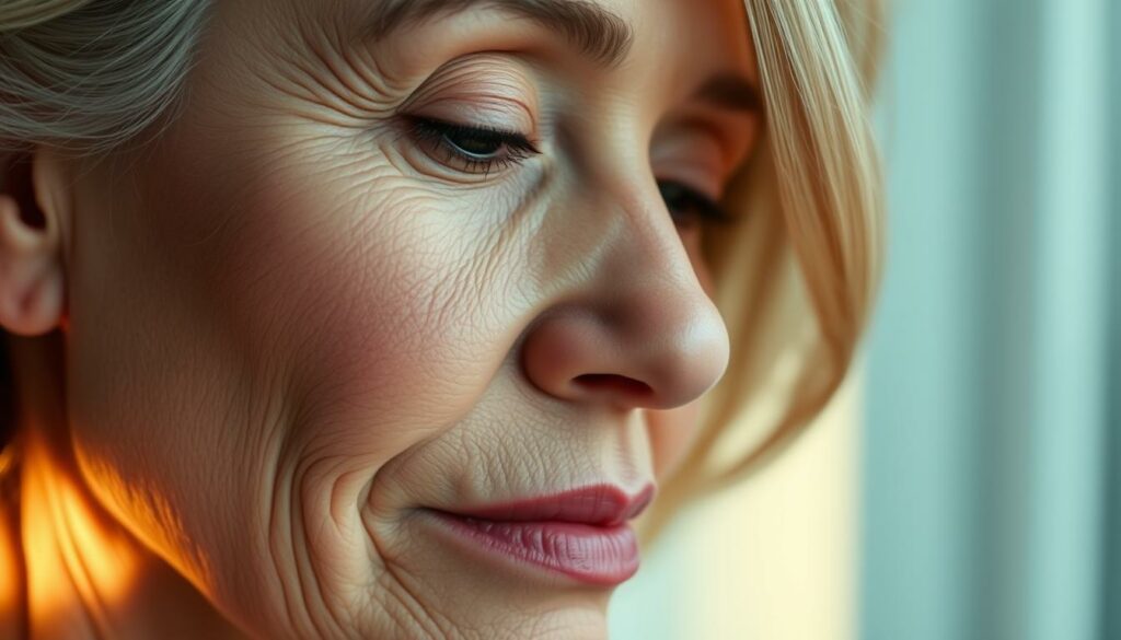 A serene close-up of a mature woman's face, highlighting the natural beauty of aging skin. Soft, diffused lighting from the side creates a warm, glowing effect, emphasizing the skin's texture and subtle wrinkles. The focus is on the forehead, cheeks, and lips, showcasing the unique character and wisdom that comes with time. The background is blurred, drawing all attention to the subject's tranquil expression and healthy, hydrated complexion. The overall mood is one of graceful acceptance and inner radiance, capturing the essence of natural skincare and the challenges of the aging process.