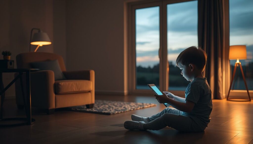 A serene, dimly-lit living room with a cozy armchair and a laptop open on a side table. In the foreground, a young child sits cross-legged on the floor, engaged with a tablet device. Soft, warm lighting illuminates the scene, creating a sense of comfort and security. In the background, a large window overlooks a tranquil outdoor landscape, symbolizing the balance between digital and natural environments. The overall atmosphere conveys the importance of digital safety and the need for parental guidance in the digital age.