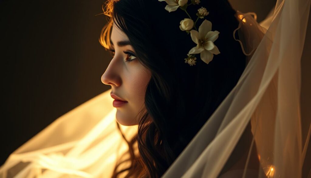 A serene, ethereal portrait of Christina Bitner, her luminous visage surrounded by a halo of golden light. Delicate floral garlands adorn her raven tresses, symbolizing the beauty and grace that defined her life. Her eyes gaze pensively into the distance, conveying a sense of profound introspection. In the background, a wispy, cloud-like veil evokes the transcendent nature of her legacy, while soft, diffused lighting imbues the scene with a sense of reverence and contemplation. Elegant, evocative, and imbued with a timeless, elegiac quality, this image pays tribute to the enduring impact of Christina Bitner's life and work.