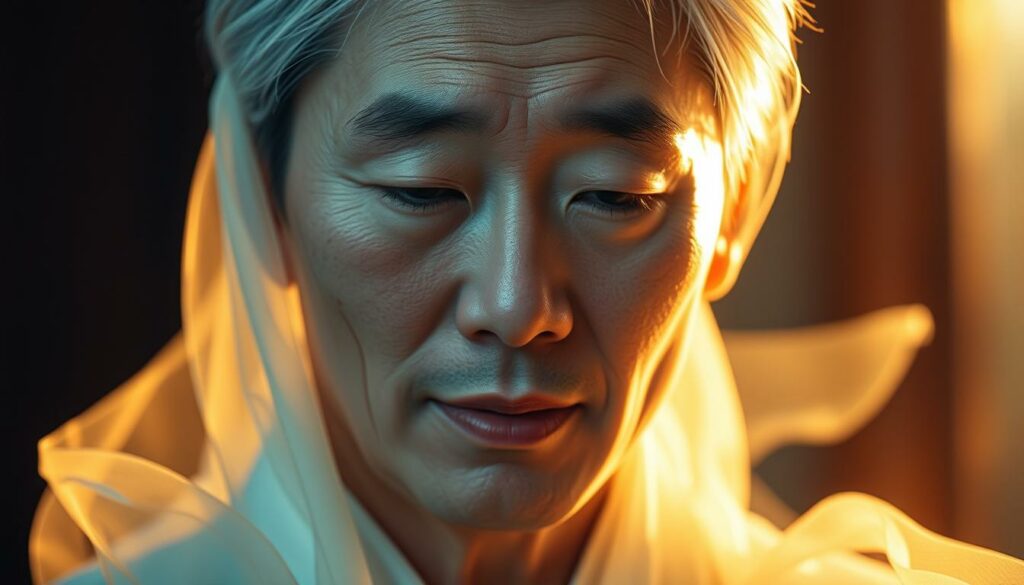 A serene, ethereal portrait of Kang Seo-ha, his face radiating a profound inner peace and resilience, as if imbued with the quiet dignity of a hero's sacrifice. Soft, golden light caresses his features, casting a warm, almost celestial glow. In the background, a delicate, dreamlike landscape unfolds, hinting at the tranquil realm he now inhabits, free from the ravages of illness. Wisps of translucent fabric drift around him, symbolizing the fragility and transience of life, yet also the enduring power of the human spirit. The overall impression is one of quiet contemplation, a reverent celebration of Kang Seo-ha's remarkable legacy and the profound impact he left on those he touched.