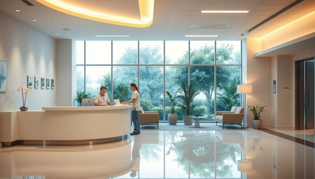 A serene hospital lobby with warm lighting, clean lines, and soothing natural elements. In the foreground, a receptionist desk with a kind-looking staff member assisting a patient. The middle ground showcases a waiting area with comfortable chairs and stylized plants, conveying a sense of care and attention to patient well-being. The background features large windows overlooking a tranquil garden, creating a calming, therapeutic atmosphere. The overall scene exudes professionalism, quality, and a focus on patient satisfaction and safety.