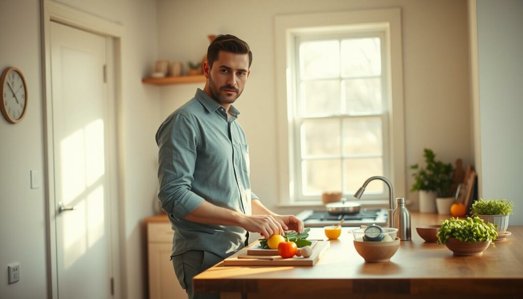 A serene kitchen scene, bathed in warm, natural light filtering through large windows. Matthias Mangiapane, dressed in a casual button-down shirt and slacks, stands at a wooden countertop, carefully arranging fresh ingredients and kitchen tools. His expression is one of calm focus as he prepares a simple, healthy meal, signifying his return to a balanced, everyday lifestyle. The background features minimalist decor, with hints of personal touches that reflect his newfound mindfulness. The overall atmosphere conveys a sense of tranquility and a renewed appreciation for the simple pleasures of domestic life.