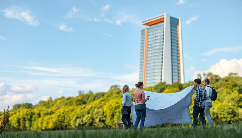 A serene landscape depicting the future of retirement planning in Germany. In the foreground, a group of diverse individuals confidently navigate a stylized financial blueprint, symbolizing the intricacies of the German pension system. The middle ground features a towering, architecturally striking building, its sleek design and warm lighting conveying a sense of stability and modernity. In the background, a lush, verdant landscape frames the scene, evoking a tranquil and secure future. The overall composition suggests a harmonious balance between individual agency, institutional reliability, and the natural world, capturing the essence of "Altersvorsorge in Deutschland."