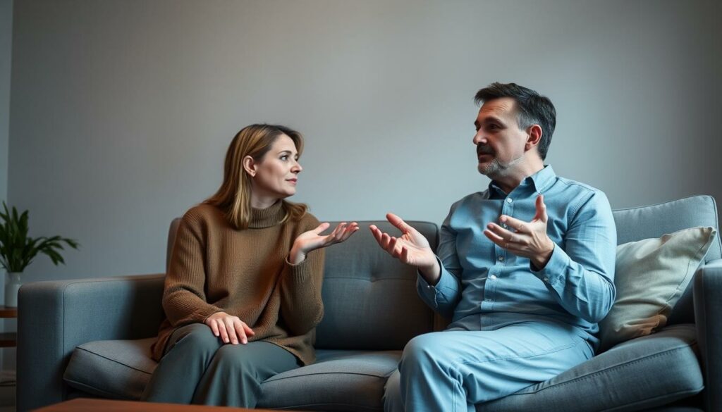 A serene living room setting, with muted lighting and neutral tones. Two people, a man and a woman, sit calmly on a couch, engaged in a thoughtful discussion. Their body language is relaxed, with open palms and gentle eye contact, conveying a sense of understanding and deescalation. The room is sparsely decorated, with minimal distractions, allowing the focus to remain on the interpersonal interaction. The scene exudes a sense of tranquility and conflict resolution, capturing the essence of the "Deeskalation bei Familienkonflikten" theme.