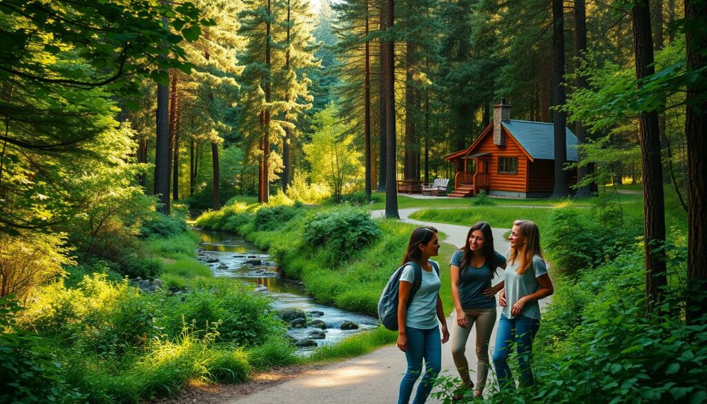 A serene, lush forest landscape with a winding path leading through the verdant foliage. In the foreground, a group of young friends, their expressions lively and animated, engaged in a heartfelt conversation. The middle ground features a tranquil stream, its gentle waters reflecting the dappled sunlight filtering through the canopy of trees. In the background, a cozy wooden cabin nestled among the towering pines, exuding a sense of warmth and comfort. The scene is bathed in a soft, golden glow, creating a nostalgic and inviting atmosphere. The overall composition conveys a sense of youthful adventure, friendship, and the restorative power of nature.