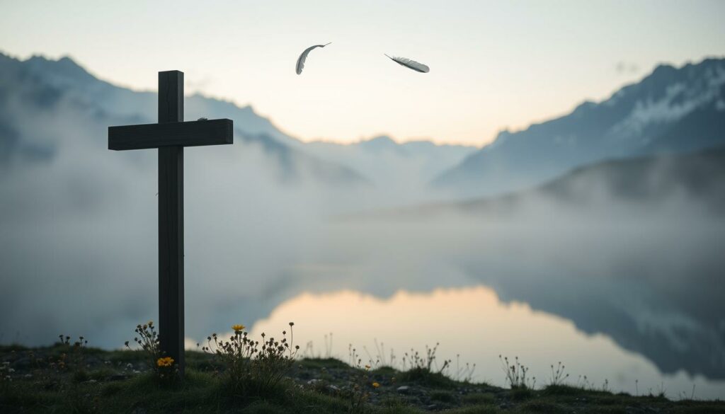 A serene mountain landscape, shrouded in mist and fading light. At the center, a simple wooden cross stands alone, surrounded by a scattering of wildflowers. The air is still, save for the gentle whisper of the wind. In the distance, the silhouettes of snow-capped peaks loom, their majesty mirrored in the calm surface of a still lake. This is the final resting place of Laura Dahlmeier, the beloved Biathlon champion, her spirit now at peace in the embrace of the mountains she so cherished. A single feather drifts down, a symbol of her enduring legacy and the freedom she found in the wilderness.