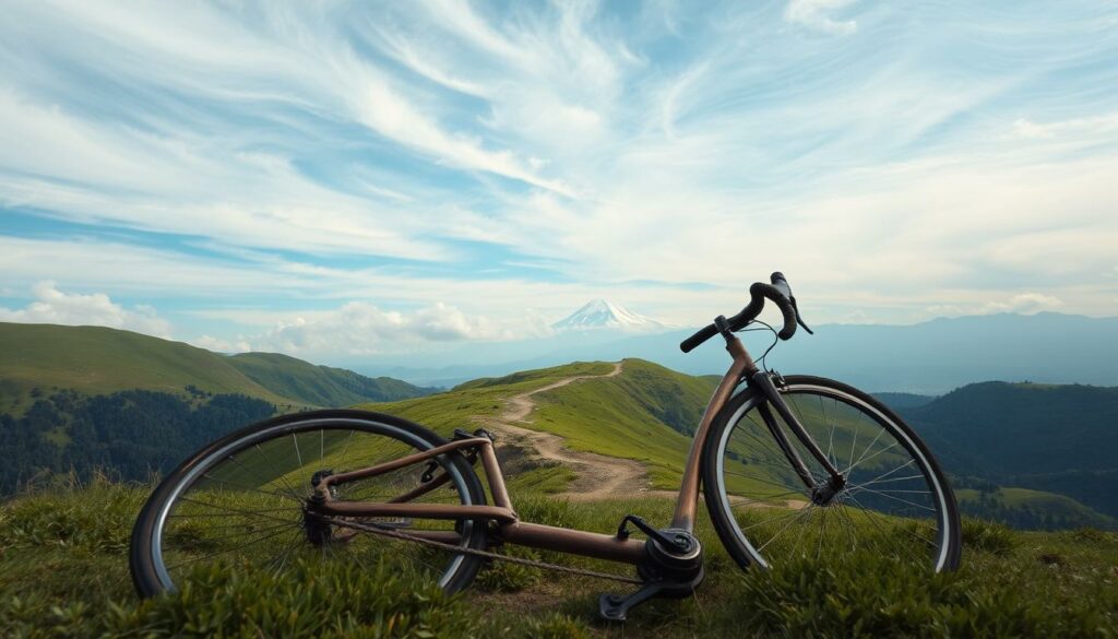 A serene mountain landscape, with rolling hills and lush, verdant meadows. In the foreground, a worn, wooden bicycle frame lies abandoned, its spokes glistening in the soft, golden light. In the middle ground, a winding dirt path leads towards a distant, snow-capped peak, hinting at the adventures and challenges faced by young cyclists. The background is a tapestry of wispy clouds, casting gentle shadows across the scene, creating a melancholic, yet contemplative atmosphere. The composition evokes a sense of the fragility and impermanence of life, the transient nature of dreams, and the bittersweet reality of losing a talented young athlete.