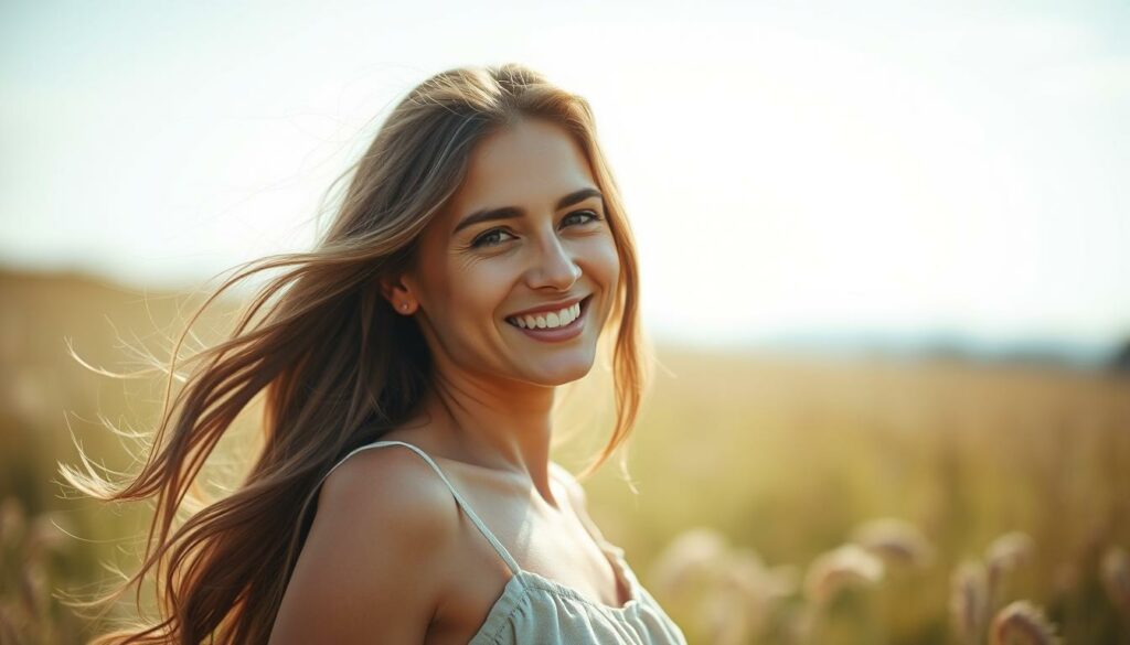 A serene, natural portrait of Laura Müller showcasing her innate beauty and self-acceptance. She stands in a sun-dappled meadow, her face radiant with an effortless, confident smile. Her long, flowing hair frames her features, and she wears a simple, organic linen dress that accentuates her natural curves. The gentle, diffused lighting casts a warm, golden glow, highlighting her glowing skin and the tranquil, pastoral setting. The overall mood conveys a sense of ease, authenticity, and self-possession - a reflection of Laura's "Natürlichkeit" and rejection of excessive self-optimization.