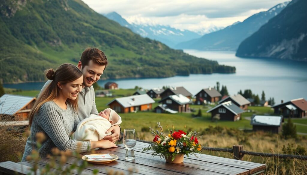 A serene, pastoral scene of a Norwegian village nestled in a lush, verdant landscape. In the foreground, a young family gathers around a table, their faces alight with joy as they discuss the details of the Lebesby Baby Bonus Program. The mother holds a newborn, cradled in her arms, while the father and an older sibling look on, expressions filled with pride and anticipation. In the middle ground, quaint wooden houses dot the rolling hills, their roofs dusted with a light layer of snow, hinting at the region's crisp, Nordic climate. The background features a stunning fjord, its deep blue waters reflecting the towering mountains that rise up in the distance, creating a picturesque and serene setting. The lighting is soft and natural, casting a warm, golden glow over the entire scene, evoking a sense of comfort and community.