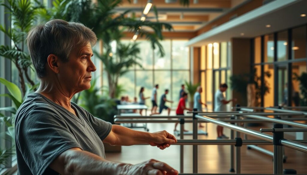 A serene rehabilitation center nestled in a lush, verdant landscape. In the foreground, a patient undergoing physical therapy on parallel bars, their determined expression captured in a warm, diffused lighting. The middle ground features a group of patients engaged in various activities, such as occupational therapy or recreational exercises, all surrounded by soothing, earthy tones. The background showcases the facility's modern architecture, with large windows allowing natural light to flood the space, creating a sense of openness and healing. The overall atmosphere conveys a peaceful, supportive environment focused on the patient's recovery and reintegration into daily life.