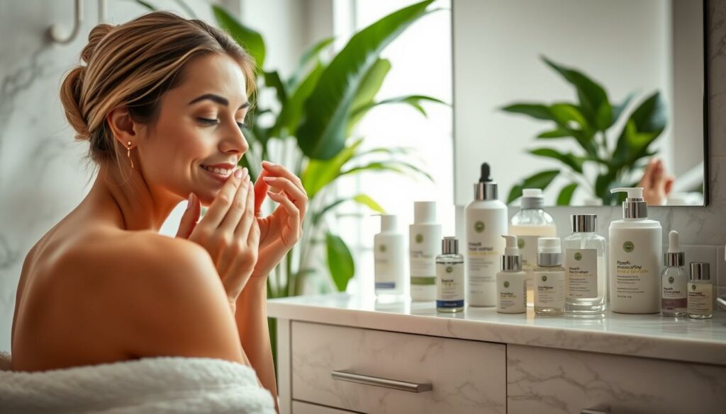 A serene, spa-like bathroom scene. In the foreground, a woman's hands delicately apply a nourishing face cream, her skin glowing with a healthy, radiant complexion. On a marble vanity, an array of skincare products - cleansers, toners, serums, and moisturizers - are neatly arranged, suggesting a carefully curated routine. The lighting is soft and diffused, creating a calming, luxurious atmosphere. The background features lush, verdant plants, hinting at the natural, holistic approach to skincare. The overall mood conveys a sense of self-care, tranquility, and a rejection of invasive cosmetic procedures.