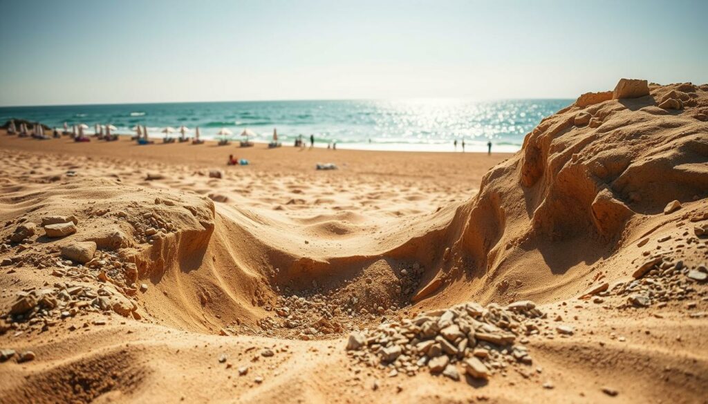 A serene, sun-dappled beach, with a sense of unease and danger lurking beneath the surface. In the foreground, a shallow, haphazardly dug pit in the sand, its edges uneven and unstable. Loose gravel and debris spill out, hinting at the lack of proper safety precautions. The middle ground reveals a stretch of golden sand, dotted with scattered umbrellas and loungers, suggesting a busy, unsupervised beach. In the background, the azure waves of the Italian coastline gently lap at the shore, belying the potential hazards. The lighting is soft and natural, casting long shadows and creating a sense of depth and realism. The overall atmosphere is one of tranquility tinged with a subtle unease, conveying the need for improved safety measures and greater vigilance on this seemingly idyllic stretch of coastline.