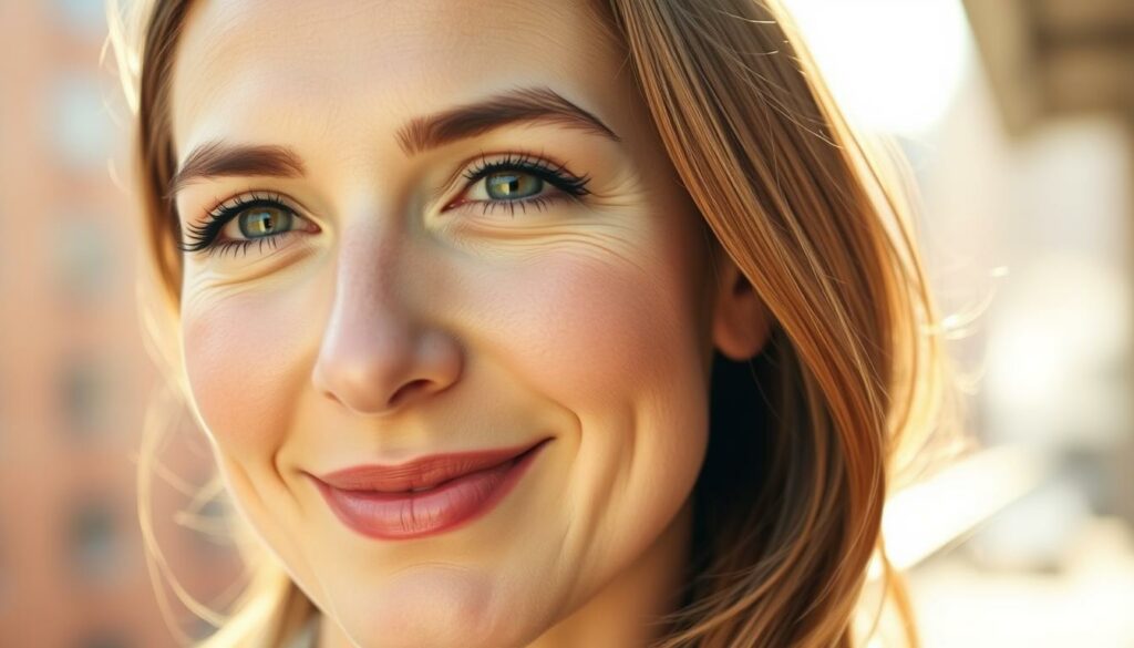 A serene, sun-dappled close-up portrait of Jolina Mennen, her gaze radiating self-acceptance and inner peace. Soft, diffused lighting gently accentuates the natural contours of her face, which is free of any visible cosmetic alterations. Her expression is one of quiet confidence, a slight smile playing on her lips as she confidently embraces her authentic self. The background is a warm, blurred cityscape, hinting at the journey she has undergone to reach this state of self-love and wholeness. The overall mood is one of vulnerability, growth, and empowerment.