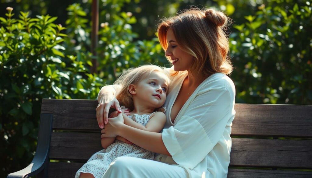 A serene, sun-dappled garden scene with Kate Moss and her daughter Lila Grace sitting together on a weathered wooden bench, their faces radiant with warmth and affection. Kate's arm is draped lovingly around Lila's shoulders as they gaze into each other's eyes, their expressions mirroring the deep, unspoken bond between mother and child. The lush, verdant foliage in the background provides a tranquil, natural setting, while soft, diffused lighting casts a gentle, ethereal glow over the intimate moment they share. The overall mood is one of profound tenderness, capturing the essence of their special, treasured relationship.