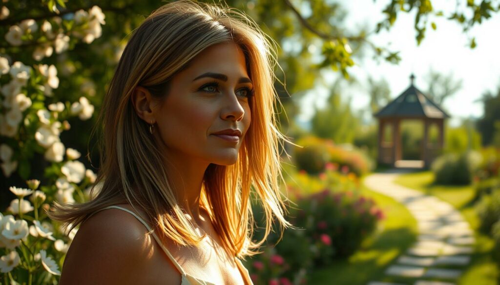 A serene, sun-dappled garden, with a gentle breeze rustling the blooming flowers. In the foreground, Jennifer Aniston stands, her face radiant with hope and tranquility, gazing thoughtfully into the distance, lost in contemplation of new possibilities. Her classic beauty is accentuated by soft, warm lighting, casting a golden glow on her features. The middle ground reveals a winding path leading deeper into the verdant sanctuary, hinting at the journey of self-discovery she embarks upon. In the background, a charming gazebo nestled among lush greenery, symbolizing the promise of shelter and companionship. The overall scene conveys a sense of renewal, introspection, and the quiet optimism of a fresh start in her search for love.