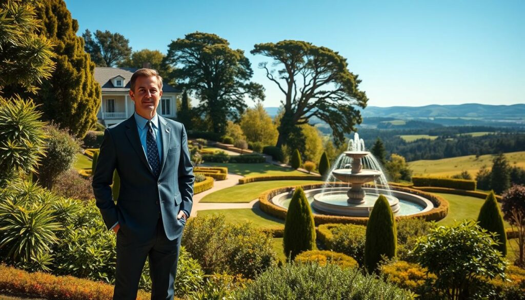A serene, sun-dappled landscape with a picturesque mansion nestled amidst verdant foliage. In the foreground, a well-dressed individual stands confidently, their posture exuding a sense of success and prosperity. The middle ground features a manicured garden with a sizable fountain, reflecting the sunlight and creating a tranquil atmosphere. In the background, a panoramic view of rolling hills and a clear, azure sky, conveying a sense of boundless opportunity and achievement. The lighting is soft and natural, creating a warm and inviting ambiance. The composition is balanced and harmonious, capturing the essence of wealth, status, and professional accomplishment.