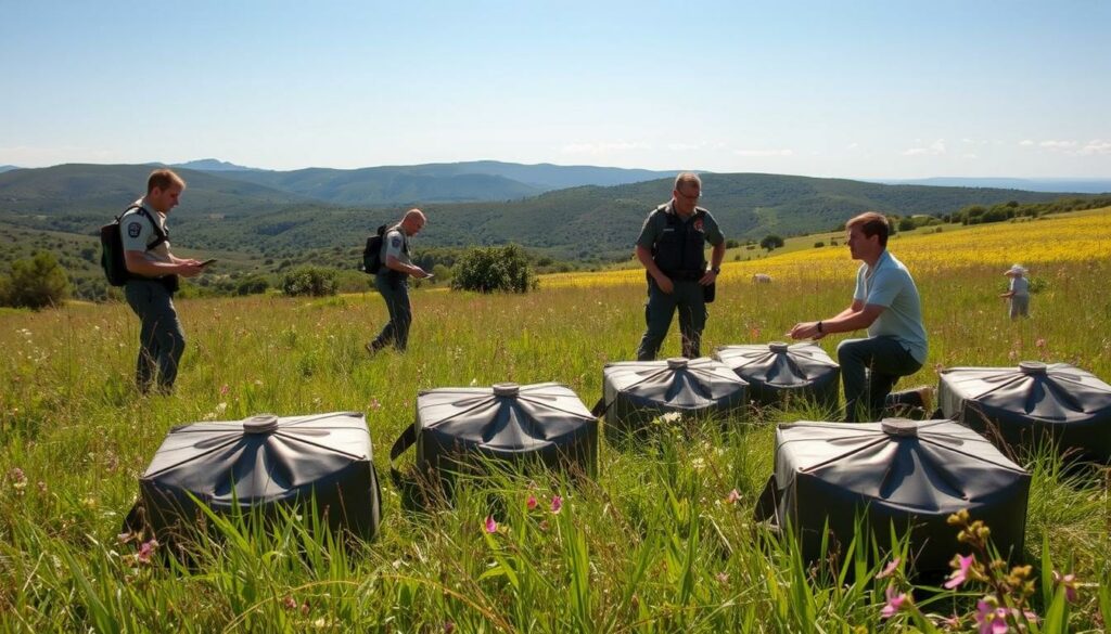 A serene, sun-dappled meadow in the Mallorcan countryside, dotted with tall grass and wildflowers. In the foreground, a group of wildlife officers carefully inspecting and setting up a series of large, discreetly camouflaged snake traps, their movements precise and focused. In the middle ground, a sprawling landscape of rolling hills and lush, verdant foliage, hinting at the presence of the snake infestation. The atmosphere is one of measured concern and proactive, environmentally-conscious intervention, the officers' expressions resolute as they work to mitigate the snake plague for the local community.