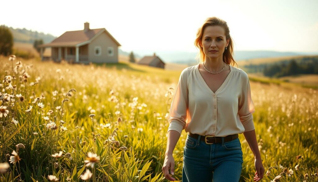 A serene, sun-dappled meadow, wildflowers gently swaying in the breeze. In the foreground, a determined woman, Jasmin Herren, strides forward, her expression resolute, unencumbered by the burdens of the past. The midground reveals a simple cottage, a haven of tranquility, as Jasmin embarks on her new beginning. The background softly fades into a picturesque landscape, conveying a sense of hope and possibility. Warm, golden light bathes the scene, lending an air of optimism and renewal. The overall composition suggests a journey of self-discovery and redemption, Jasmin's path forward clear and unobstructed.