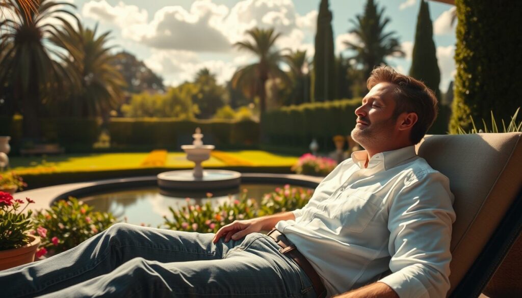 A serene, sun-dappled outdoor scene featuring Oliver Sanne relaxing in his private garden. In the foreground, Sanne reclines on a plush lounge chair, eyes closed and a peaceful expression on his face. He is dressed casually in a crisp white button-down shirt and slim-fit jeans. The middle ground showcases a lush, well-tended garden with vibrant flowers, neatly trimmed hedges, and a tranquil water feature that reflects the warm, golden light. In the background, the scene is framed by tall, swaying trees and a clear blue sky dotted with fluffy white clouds. The overall mood is one of tranquility, contentment, and a sense of Oliver Sanne's private, off-camera life away from the public eye.