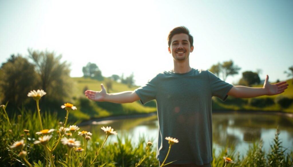 A serene, sun-dappled scene of a young man standing in a lush, verdant garden, his face radiating a newfound sense of life and optimism. In the foreground, delicate wildflowers sway gently in a soft breeze, while in the middle ground, the man's silhouette stands tall, his arms outstretched as if embracing a renewed lease on life. The background features a tranquil pond, its still waters reflecting the surrounding greenery and a clear, azure sky above. The lighting is soft and diffused, creating a warm, ethereal atmosphere that conveys a sense of hope and rejuvenation after a difficult chapter. A portrait of resilience and the beauty of second chances.