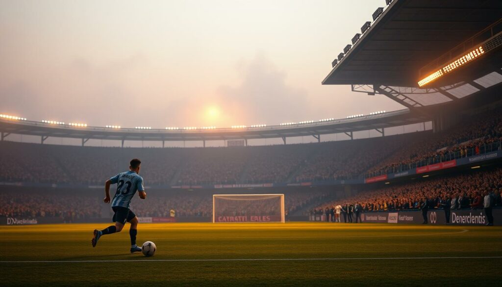 A serene, twilight-tinged football stadium, the pitch aglow with a warm, golden light. In the foreground, a lone player dribbles the ball, his movements fluid and graceful. In the middle ground, the stands are filled with passionate fans, their faces a mix of anticipation and uncertainty. The background is hazy, the distant goals and scoreboard barely visible, symbolizing the current state of German football - a landscape shrouded in doubt and debate. The scene conveys a sense of both tradition and transition, capturing the essence of "deutsche fußball heute" - where the game stands, poised on the precipice of change.