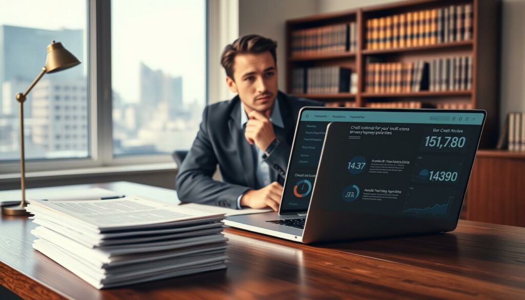 A serene, well-lit office scene with a wooden desk, a stack of papers, and a laptop displaying a data visualization of credit scores and privacy policies. In the background, a bookshelf filled with legal tomes and a window overlooking a cityscape. The lighting is soft and warm, creating a professional yet contemplative atmosphere. The focal point is a thoughtful-looking individual sitting at the desk, pondering the intricacies of data storage regulations. The overall composition conveys the importance and complexity of data privacy laws surrounding credit reporting agencies.