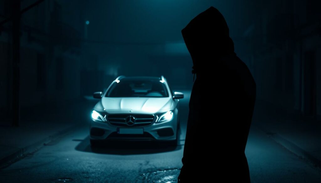 A shadowy figure stands in the foreground, their face obscured by a dark hood. The dimly lit scene suggests a clandestine operation, with a Mercedes sedan in the middle ground and a nondescript urban setting in the background. The lighting is moody, creating deep shadows and highlights that accentuate the mystery and tension of the moment. The figure's posture and body language convey a sense of cold, calculated precision, hinting at the ruthless efficiency of the "Kopfschuss-Killer." The image evokes a sense of unease and foreboding, drawing the viewer into the world of this elusive and dangerous assassin.