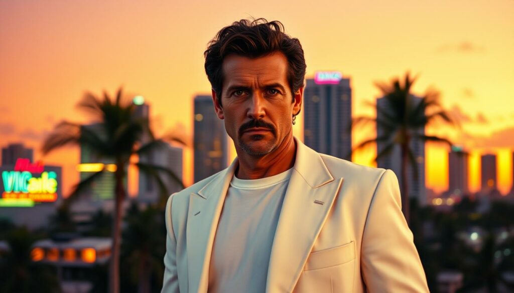 A sharply dressed Sonny Crockett, the iconic "Miami Vice" detective, standing confidently against a backdrop of the iconic Miami skyline. Bathed in the warm, pastel glow of sunset, Crockett's crisp white suit and t-shirt contrast with the vibrant neon lights and palm trees in the middle ground. His steely gaze and determined expression capture the intensity and coolness that made his character a cultural phenomenon. Shot with a wide-angle lens to emphasize the glamorous, cinematic atmosphere of 1980s Miami, this image perfectly encapsulates Crockett's career peak and the enduring legacy of "Miami Vice."