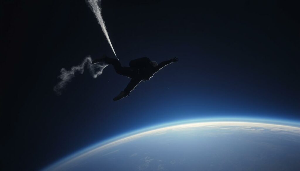 A skydiver, clad in a sleek spacesuit, plummets from the edge of the stratosphere, their silhouette etched against the vast, inky expanse of the night sky. Wisps of condensation trail behind as they hurtle downwards, the curvature of the Earth visible in the distance. Dramatic lighting casts long shadows, highlighting the figure's determined pose and the sheer scale of the jump. The scene conveys a sense of solitary heroism, the daredevil's daring feat captured in a single, breathtaking moment. The composition emphasizes the vastness of the environment and the minuscule scale of the human form, underscoring the incredible feat of courage and skill.
