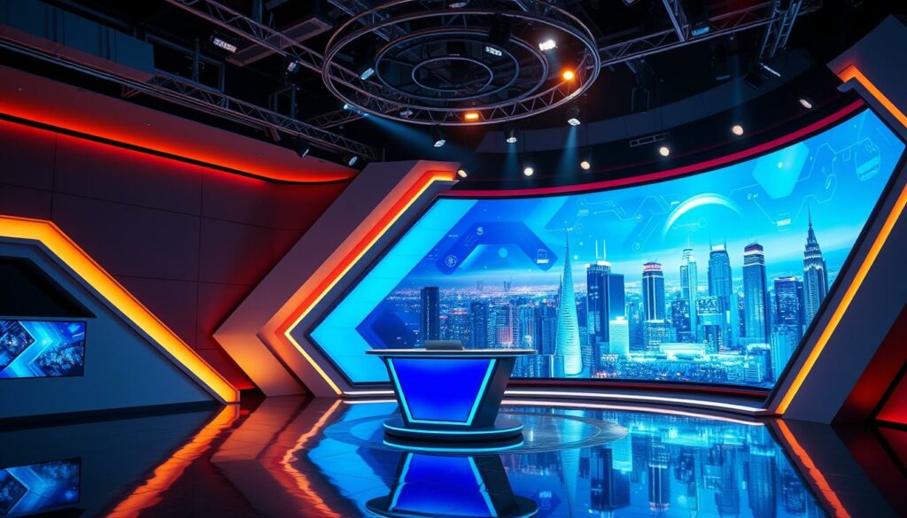 A sleek, futuristic television studio with a bold, angular architecture. The set features a large, curved video wall displaying dynamic digital visuals, casting a vibrant glow across the space. In the foreground, a high-tech podium stands, ready for a presenter to command the stage. Overhead, a sophisticated lighting rig illuminates the scene with a mix of warm and cool tones, creating depth and drama. The background showcases a panoramic view of a futuristic cityscape, hinting at the cutting-edge nature of the programming. The overall atmosphere exudes a sense of innovation, technology, and the boundless possibilities of the television medium.