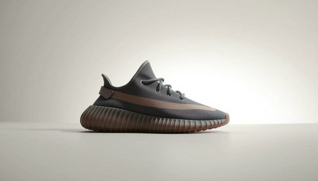 A sleek, minimalist design showcasing the latest Yeezy collaboration between Kanye West and Adidas. The foreground features a pair of iconic Yeezy sneakers, their angular silhouette and muted colorway exuding a sense of modern sophistication. The middle ground shows a clean, white background, allowing the shoes to take center stage. In the background, subtle hints of the Adidas and Yeezy branding create a cohesive, high-fashion aesthetic. Soft, directional lighting casts dramatic shadows, emphasizing the shoes' sharp lines and innovative design. The overall mood is one of refined elegance, reflecting Kanye West's visionary approach to the fashion industry.