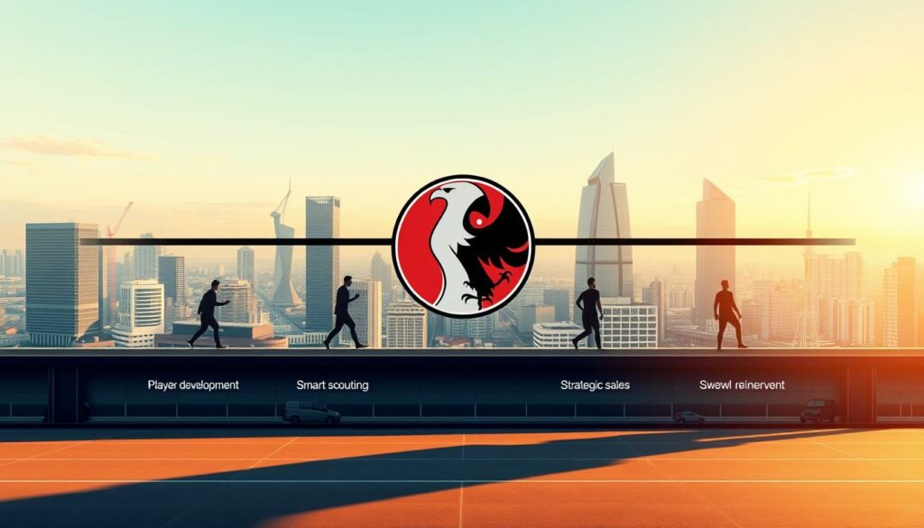 A sleek, modern illustration depicting the four key principles behind Eintracht Frankfurt's lucrative transfer strategy. In the foreground, a stylized visualization of the four pillars - player development, smart scouting, strategic sales, and shrewd reinvestment. The midground showcases the club's iconic eagle emblem, conveying a sense of pride and ambition. The background features a dynamic cityscape, hinting at Frankfurt's vibrant landscape and the financial prowess that fuels the club's success. The scene is bathed in a warm, golden light, evoking a feeling of prosperity and strategic vision. Captured with a wide-angle lens, the image projects a comprehensive, high-level perspective on Eintracht Frankfurt's transferstrategie.