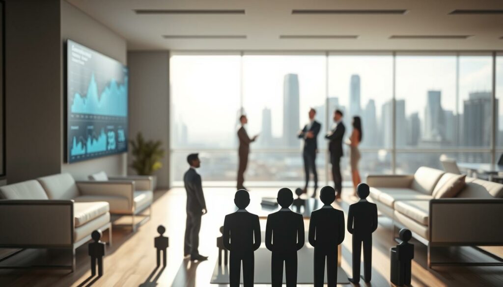 A sleek, modern office setting with minimalist furniture and clean lines. In the foreground, a group of stylized human figures representing job seekers stand before a large digital display showcasing employment statistics and metrics. The middle ground features a group of smartly dressed professionals, signifying employment agency staff, engaged in discussion. In the background, a blurred cityscape with towering skyscrapers conveys a sense of efficiency and scale. Soft, directional lighting illuminates the scene, casting subtle shadows and highlights to emphasize the key elements. The overall atmosphere exudes a sense of professionalism, data-driven decision making, and the pursuit of optimal employment outcomes.
