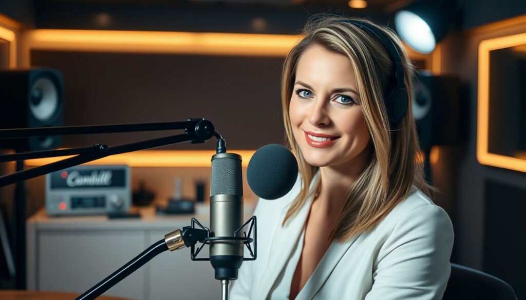 A sleek, modern studio setting with a stylized, well-lit portrait of Laura Karasek, a prominent podcaster, seated at a professional-grade microphone. The lighting is warm and directional, casting dramatic shadows that accentuate her features. The background is blurred, but hints at high-end recording equipment and a minimalist, contemporary decor. The overall atmosphere conveys a sense of authority, professionalism, and a platform for engaging conversation.