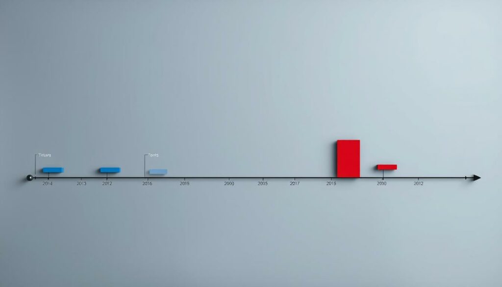 A sleek, modern timeline chart set against a minimalist, gray background. The timeline is composed of bold, black lines and rectangular bars in shades of blue and red, representing the key events and milestones of a separation. The bars are arranged in a clean, linear fashion, conveying a sense of order and structure amidst the emotional turmoil. Thin, silver accent lines and subtle grid patterns add depth and visual interest, while a cool, subdued lighting creates a contemplative, almost somber atmosphere. The overall design is sophisticated, yet emotionally resonant, capturing the analytical yet deeply personal nature of the "Trennungszeitplan" concept.