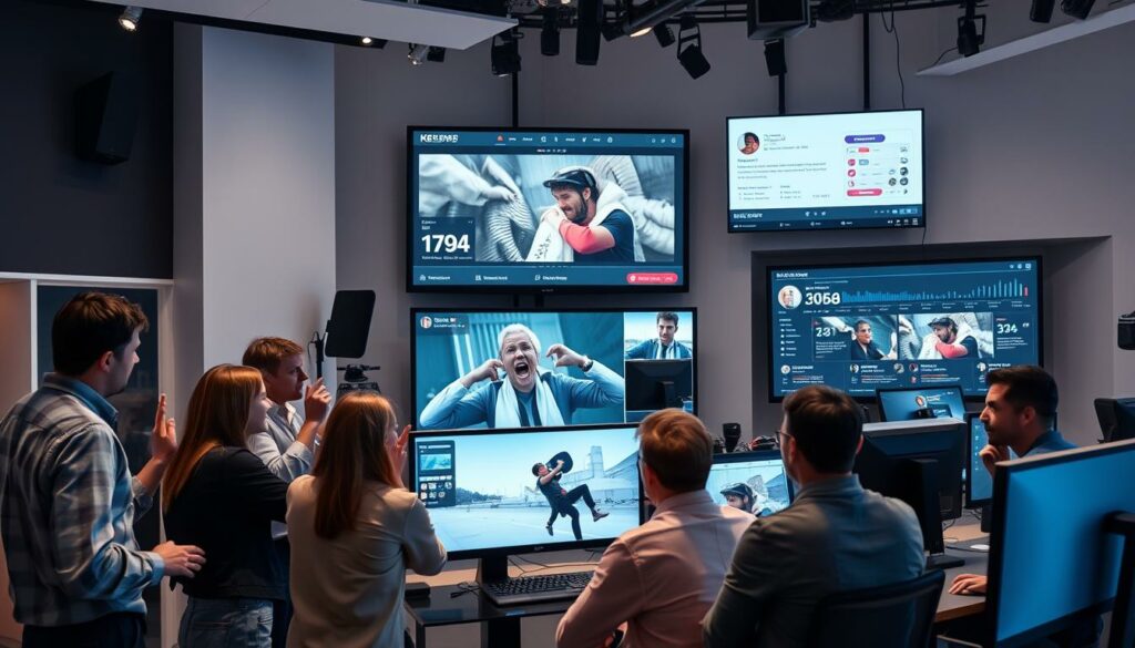A sleek, modern video production studio with high-tech equipment and a stylish, minimalist aesthetic. In the foreground, a group of people excitedly discussing a viral video clip, gesturing animatedly and huddled around a large, high-resolution display. The middle ground features a team of professional video editors and producers, intently focused on their work, editing the footage on sleek, state-of-the-art computers. In the background, a wall-sized screen displays various social media metrics and analytics, reflecting the growing speculation and buzz around the viral video. The lighting is bright and evenly distributed, creating a sense of energy and dynamism. The overall mood is one of excitement, anticipation, and the thrill of the digital age.