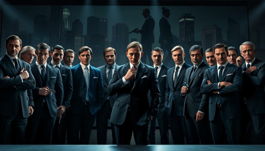A sleek, stylish competition for the coveted role of James Bond. In the foreground, a lineup of suave, sophisticated actors in tailored suits, each exuding a unique blend of charm, wit, and intensity. In the middle ground, a backdrop of modern cityscapes, high-tech gadgets, and shadowy silhouettes, hinting at the espionage and intrigue that surrounds the selection process. The lighting is moody and dramatic, casting sharp shadows and highlights that accentuate the actors' features and their determination to claim the iconic role. The overall atmosphere is one of intense rivalry, with a touch of cinematic elegance and suspense, perfectly capturing the essence of "Die Konkurrenz um die James-Bond-Rolle."