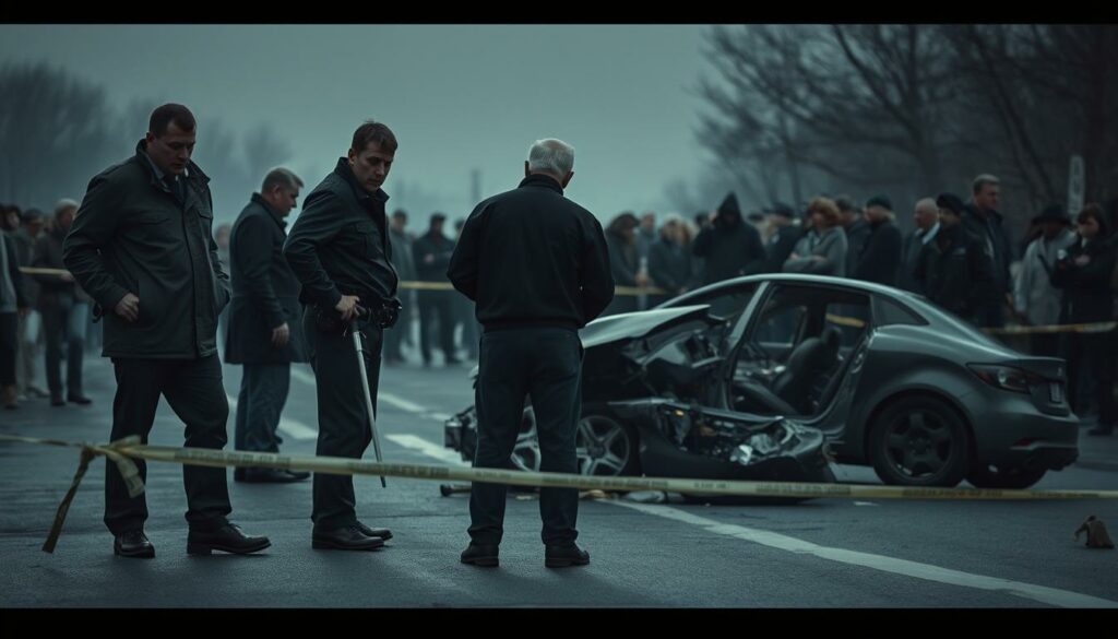A sober, contemplative scene of a police investigation into a fatal accident. In the foreground, a team of serious-faced detectives examines the scene, taking measurements and collecting evidence. The middle ground shows the damaged vehicle, its crumpled form a silent witness to the tragedy. In the background, a somber crowd gathers, the mood heavy with a sense of loss and the weight of unanswered questions. Muted tones of grays and blues lend an air of solemnity, while dramatic lighting casts sharp shadows, creating a sense of gravity and the gravity of the situation. The composition conveys the meticulous, methodical process of the investigation, as authorities work to uncover the truth and determine the appropriate legal consequences.