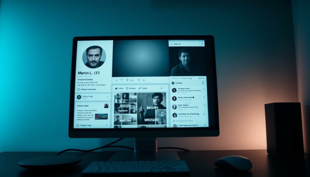 A social media profile page for the suspected perpetrator, Martin L. (37), displayed on a sleek, minimalist desktop computer monitor. The profile picture shows a stoic, middle-aged man with a stern expression, set against a plain, neutral background. Scrolling through the feed, one sees a mix of cryptic, ambiguous posts, interspersed with mundane updates about his daily life. The overall atmosphere is somber and unsettling, hinting at the underlying darkness that may have driven the alleged crimes. Soft, cool-toned lighting illuminates the scene, casting subtle shadows and creating a pensive, contemplative mood. The camera angle is slightly elevated, giving a sense of detachment and objectivity as we peer into this digital window on the suspect's psyche.