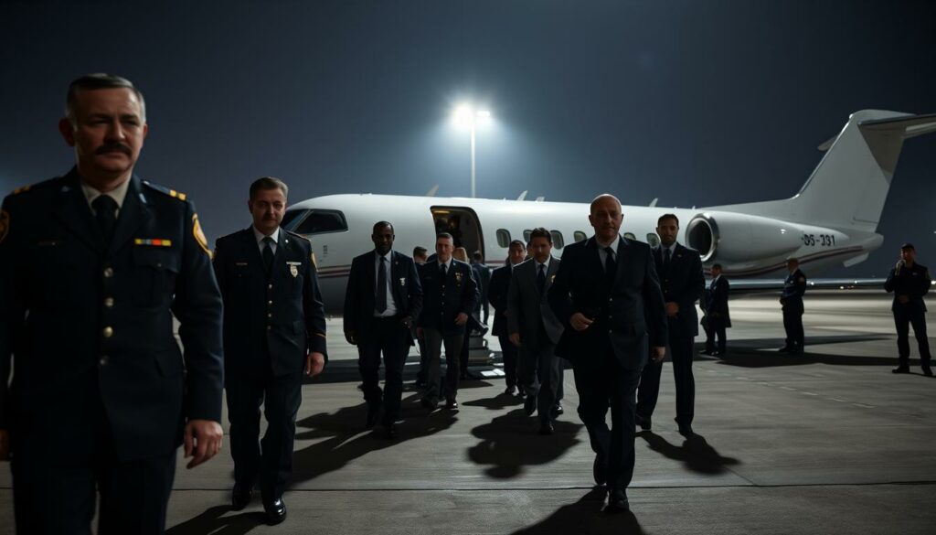 A solemn and orderly scene unfolds at a private airport. In the foreground, uniformed officials escort a group of individuals onto a waiting aircraft, their expressions somber yet resolute. The mid-ground captures the efficient coordination of various government agencies, each playing a vital role in the deportation process. In the background, the silhouettes of security personnel stand vigilant, ensuring a controlled and secure environment. Muted tones and a sense of somber professionalism pervade the atmosphere, reflecting the gravity of the situation. Crisp lighting from above casts shadows that emphasize the formality of the proceedings, while a wide-angle lens captures the full scope of the operation.