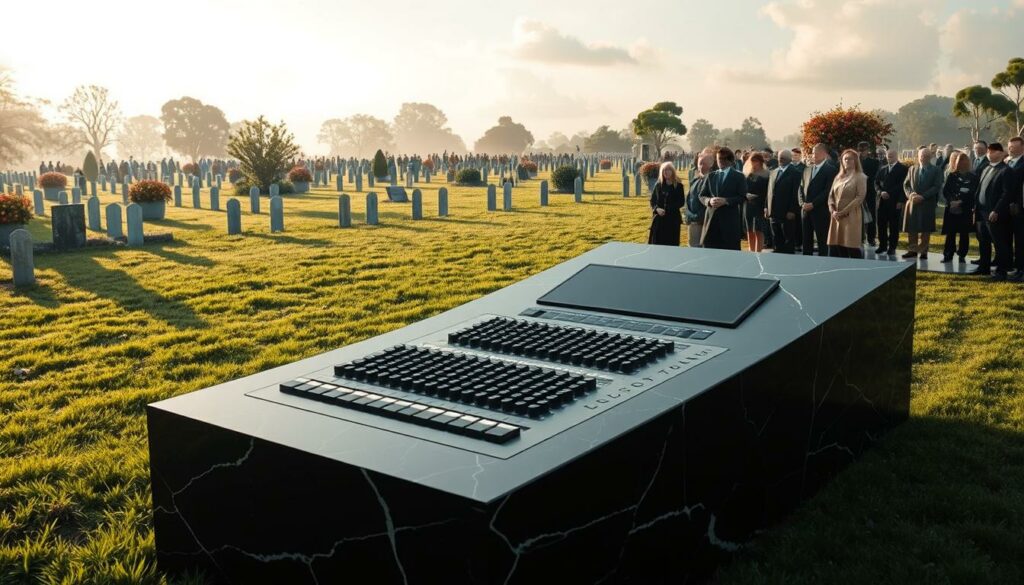 A solemn ceremony on a lush, verdant cemetery. In the foreground, a grand black marble gravestone, its surface etched with the shape of a massive mixing console, a tribute to the late music producer Frank Farian. Mourners dressed in somber attire gather around, their expressions somber and reflective. Soft, diffused lighting casts a warm, melancholic glow, while wispy clouds drift overhead, casting delicate shadows across the scene. The air is heavy with a sense of finality and the bittersweet remembrance of a life well-lived. This is Frank Farian's final resting place, a testament to his enduring legacy in the world of music.