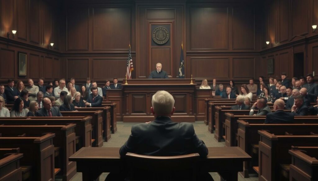 A solemn courtroom, bathed in a somber light. At the center, a wooden desk where a judge in formal robes presides, their face etched with grave concentration. Rows of hardwood benches fill the chamber, occupied by a tense audience, their expressions a mix of solemnity and anticipation. In the foreground, a defendant sits at a table, flanked by their legal counsel, the weight of the charges evident in their posture. The atmosphere is one of quiet intensity, as the proceedings unfold with a palpable sense of gravity and consequence.