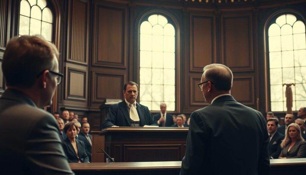 A solemn courtroom scene, illuminated by warm, natural light filtering through tall windows. At the center, a stern-faced judge presides over the trial of a doctor accused of serial murders, his expression grave and uncompromising. In the dock, the defendant, a man in a crisp, tailored suit, faces the court with a stoic, inscrutable demeanor. Rows of spectators, their faces a mix of curiosity and trepidation, bear witness to the proceedings. The atmosphere is tense and somber, conveying the gravity of the charges and the high stakes at hand.
