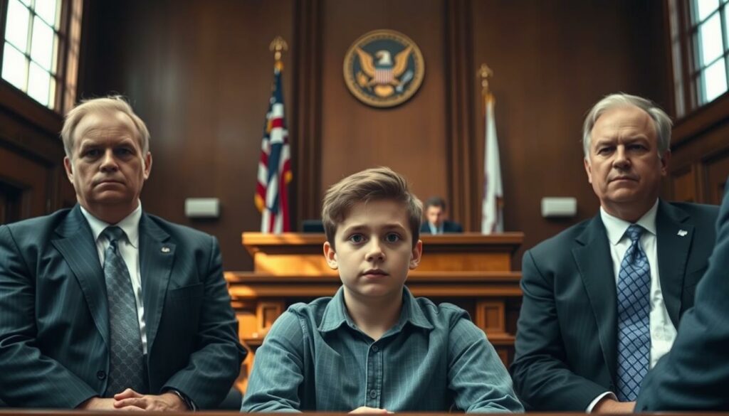 A solemn courtroom scene, with a 15-year-old defendant seated at the center, flanked by stern-faced lawyers. Soft natural light filters through tall windows, casting subtle shadows across the wood-paneled walls. The judge's bench looms in the background, a symbol of impartial justice. The atmosphere is tense, yet measured, as the proceedings unfold. The boy's expression is a mix of apprehension and resolve, his posture straight and attentive. The scene conveys the gravity of the situation, the weight of the charges, and the solemnity of the legal process.