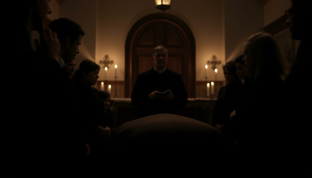 A solemn, dimly lit scene of a family funeral service. In the foreground, mourners dressed in black gather around a simple casket, expressions etched with grief. Mid-ground, a priest or officiant leads the ceremony, their voice somber and reverent. In the background, a modest church or funeral home interior, shadows and flickering candlelight creating an atmosphere of solemnity and reflection. The lighting is muted, creating a sense of weight and heaviness, emphasizing the gravity of the occasion. The camera angle is low, drawing the viewer into the intimate, emotional moment, allowing them to feel the weight of the family's loss and the process of mourning.