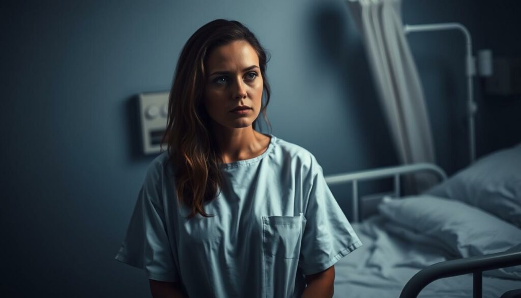A solemn, introspective scene of a woman in a hospital gown, standing beside a medical bed, her expression pensive and her gaze contemplative. The lighting is muted, casting a melancholic hue, as if reflecting the weight of a difficult decision. The background is blurred, emphasizing the subject's inward focus. The angle is slightly elevated, adding a sense of vulnerability and emotional significance to the moment. The overall mood conveys a sense of quiet resolve, a statement of determination in the face of a life-changing choice.
